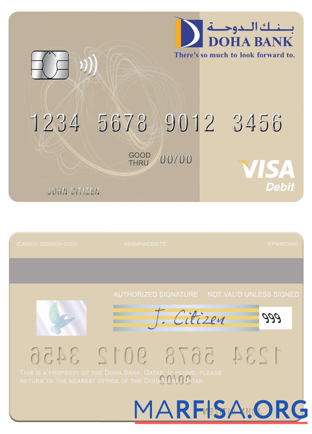 Realistic Qatar Doha Bank visa debit card template
